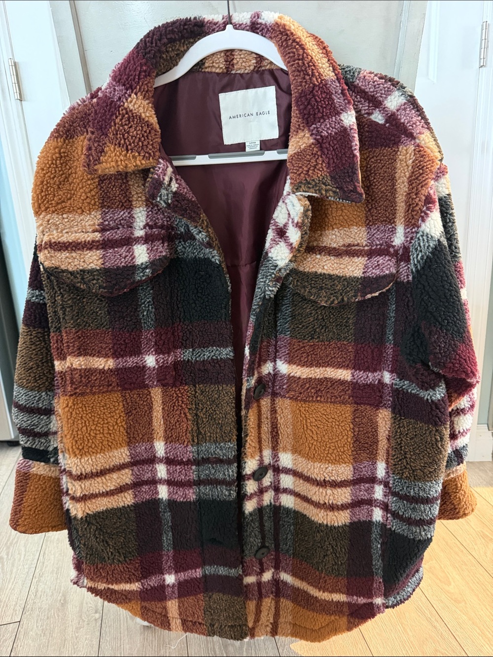 American Eagle Outfitters Plaid Teddy Shacket in Orange, Burgundy & Brown